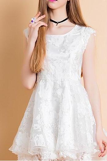 Sweet Embroidered Lace Skirt White Sleeveless Dress Ca922dg