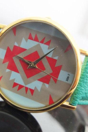 Mint Leather Watch-Fashion Geneva Platinum Tribe Print Women Men Analog Quartz Wrist Watch