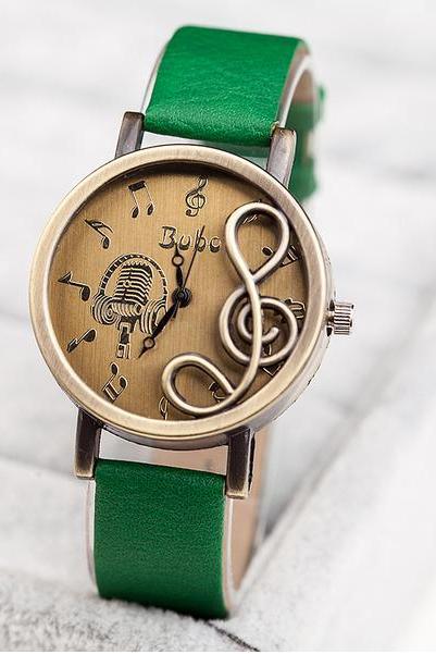 Leather Women Watch -Black Leather Wrist Watch -Music notation Watch- Women's Leather Wrist Watch
