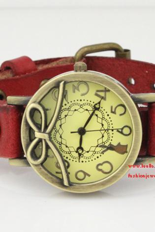 Leather Women Watch -Red Leather Wrist Watch -Bronze Bowknot Watch- Women's Leather Wrist Watch