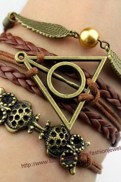 Harry Potter Deathly Hallow Bracelet, Harry Potter Snitch, Owl Wing Bracelet,Golden Bead Bracelet, Gift For Girl Friend,Boy Friend