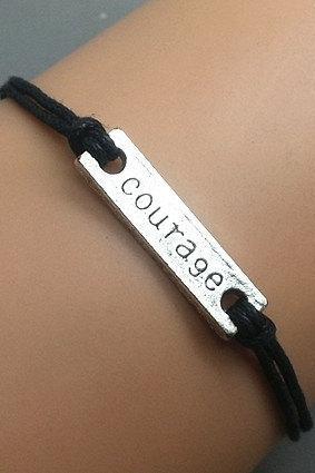 2PCS Silver Courage Bracelet Black Wax Cord Bracelet Cham Bracelet Wristband Bracelet Adjustable Weave Bangle Personalized Bracelet
