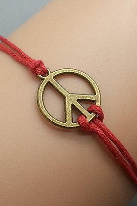2pcs Bronze Peace Symbol Bracelet Red Wax Cord Bracelet Cham Bracelet Wristband Bracelet Adjustable Weave Bangle Personalized Bracelet