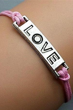 Sales-2pcs Silver Love Bracelet Pink Wax Cord Bracelet Cham Bracelet Wristband Bracelet Adjustable Weave Bangle Personalized Bracelet