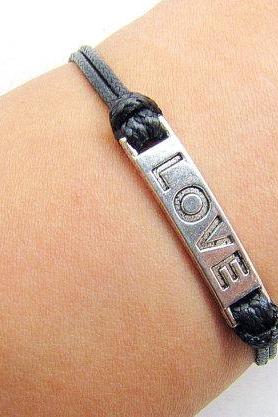 Silver Love Bracelet Gray Wax Cord Bracelet Cham Bracelet Wristband Bracelet Adjustable Weave Bangle Personalized Bracelet