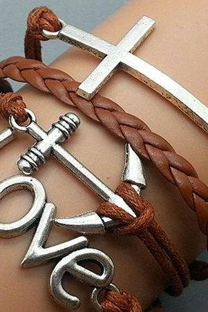 Cross Love & Anchor Bracelet Charm Bracelet Silver Bracelet brown Wax Leather Charm Bracelet Personalized Bracelet