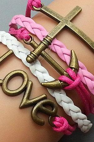 Cross Love & Anchor Bracelet Charm Bracelet Bronze Bracelet Wax Leather Charm Bracelet Personalized Bracelet