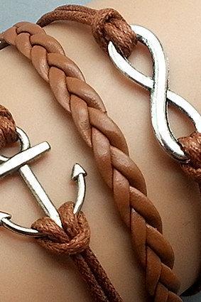 Infinity & Anchor Bracelet Charm Bracelet Silver Bracelet Light brown Korean Wax Cords Leather Charm Bracelet Personalized Bracelet