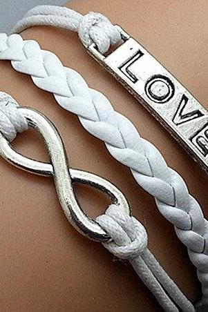 Infinity & Love Bracelet Silver Charm Bracelet White Wax Cords White Leather Charm Bracelet Personalized Bracelet