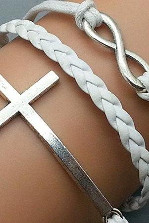 Infinity & Cross Bracelet Silver Charm Bracelet White Wax Cords White Leather Charm Bracelet Personalized Bracelet