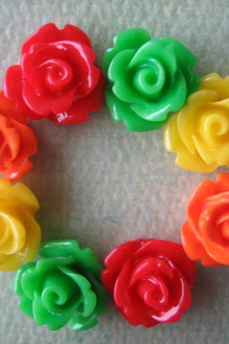 8pcs - Mini Rose Flower Cabochons - 10mm - Resin - Red, Green, Yellow And Orange - Cabochons By Zardenia