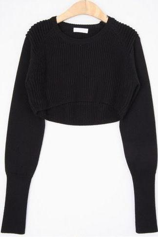 FREE SHIP Black Long Sleeved Crop Top Sweater