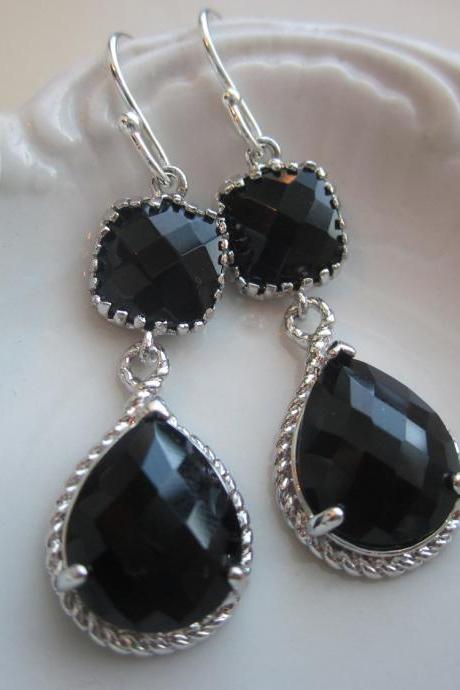 Black Earrings Onyx Silver Two Tier Earrings Teardrop Glass - Bridesmaid Earrings Wedding Earrings Bridal Earrings