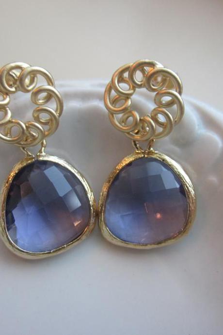 Tanzanite Earrings Purple Matte Gold Circle - Gold Plated Gem - Bridesmaid Earrings - Bridal Earrings