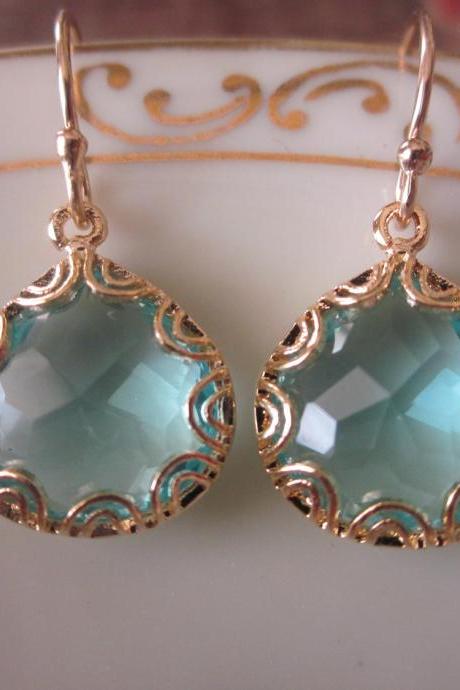 Gold Aquamarine Earrings - Pear Shape with Gold Design - Bridesmaid Earrings - Wedding Earrings