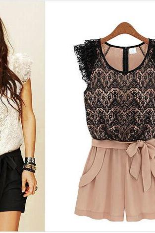 *Free Shipping* Lace Rompers Openwork Stitching Collision Color Ladies Siamese Culottes Summer Women Dress Casual Bow High Waist Dress A831