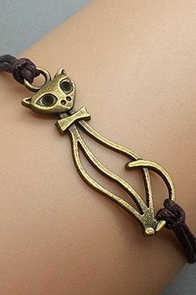 2pcs Cat Lady Bracelet Brown Wax Cord Bracelet Bronze Cham Bracelet Wristband Bracelet Adjustable Weave Bangle Personalized Bracelet