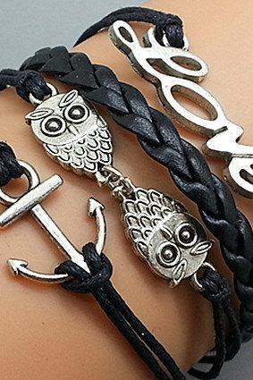 Anchor Owls & Love Bracelet Silver Bracelet Black Korean Wax Cords Leather Charm Bracelet Personalized Bracelet