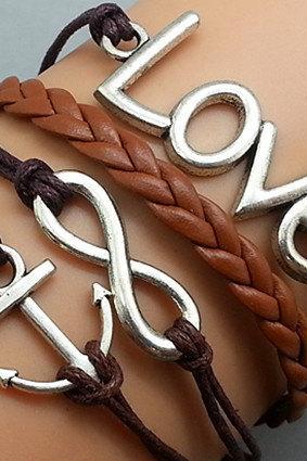Cross Anchor & Love Bracelet Silver Bracelet Brown Korean Wax Cords Leather Charm Bracelet Personalized Bracelet