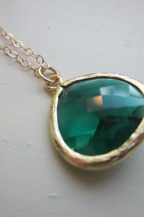 Emerald Green Necklace Gold Plated Large Pendant - Gold Filled Chain - Wedding Jewelry - Bridesmaid Jewelry - Bridesmaid Necklace