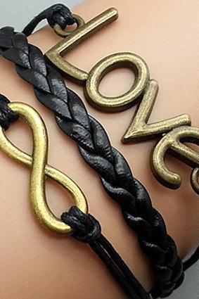 Infinity And Love Bracelet Black Wax Cord Black Leather Bracelet Bronze Cham Bracelet Wristband Bracelet Adjustable Weave Bangle Personalized Bracelet