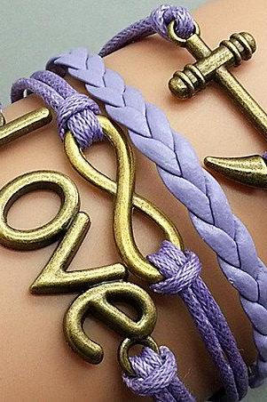 Cross Love & Anchor Bracelet Bronze Bracelet Light purple Wax Leather Charm Bracelet Personalized Bracelet