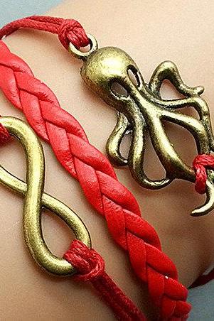 Infinity & Octopus Bracelet Charm Bracelet Bronze Bracelet Red Wax Cords Leather Charm Bracelet Personalized Bracelet