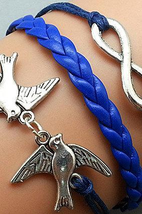 Infinity & Love Bird Bracelet Silver Bracelet Navy blue Wax Cords Leather Charm Bracelet Personalized Bracelet