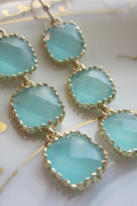 Aqua Blue Earrings Gold Plated - Three Tier Squares - Bridesmaid Earrings - Bridal Earrings