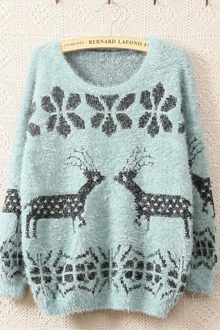 Blue Long Sleeve Ma Haimao Deer Sweater