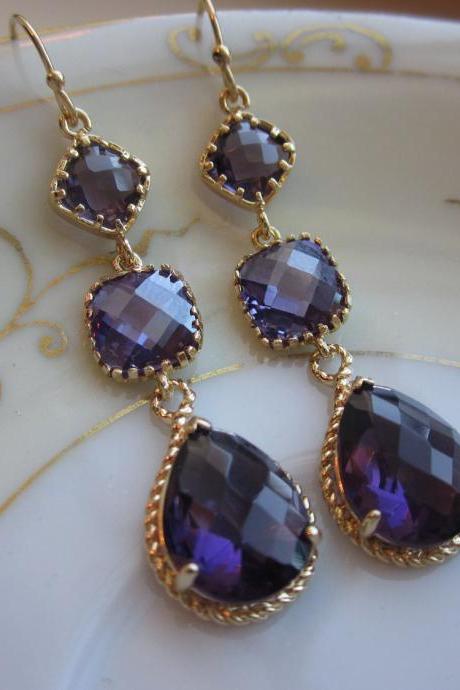 Amethyst Earrings Purple Gold - three tier - Bridesmaid Earrings - Wedding Jewelry - Bridal Earrings