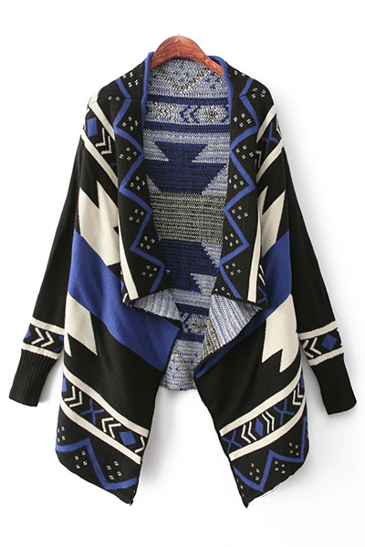Fashion Long Sleeves Geometric Print Asymmetrical Short Blue Cardigan Sweater