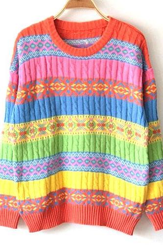 Retro Colorful Stripe Knit Sweater