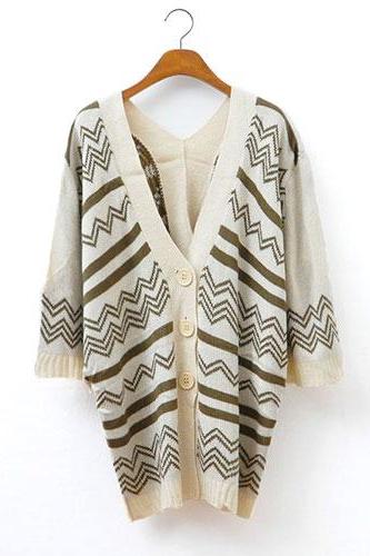 Retro Loose Fitting Wavy Strip Pattern Cardigan - Khaki