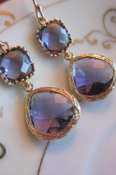Amethyst Earrings Two Tier Gold Earrings Teardrop Glass - Bridesmaid Earrings Wedding Earrings Bridal Earrings