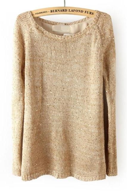 Khaki color Autumn And Winter Sequined Behind Button Split Knitted Sweater Knitted sweater