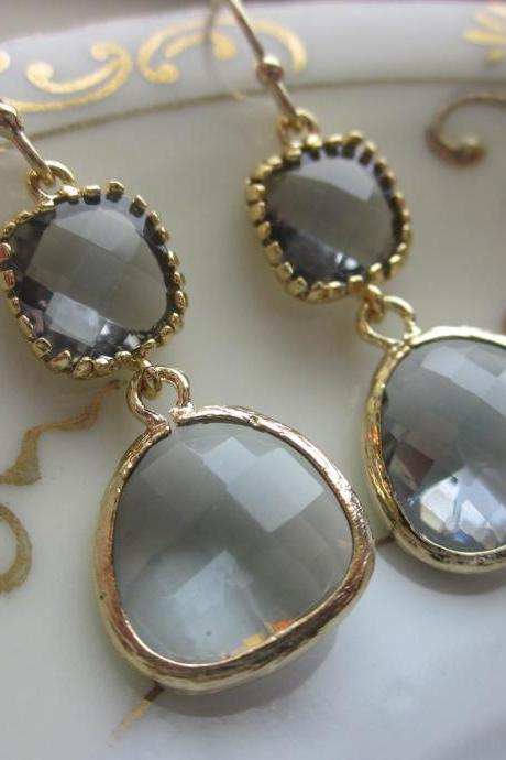 Charcoal Gray Earrings Gold Plated Two Tier - Bridesmaid Earrings - Bridal Earrings - Wedding Jewelry