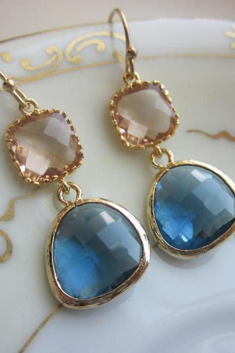 Champagne Peach Earrings Sapphire Navy Gold Plated - Bridesmaid Earrings - Wedding Earrings - Bridal Earrings