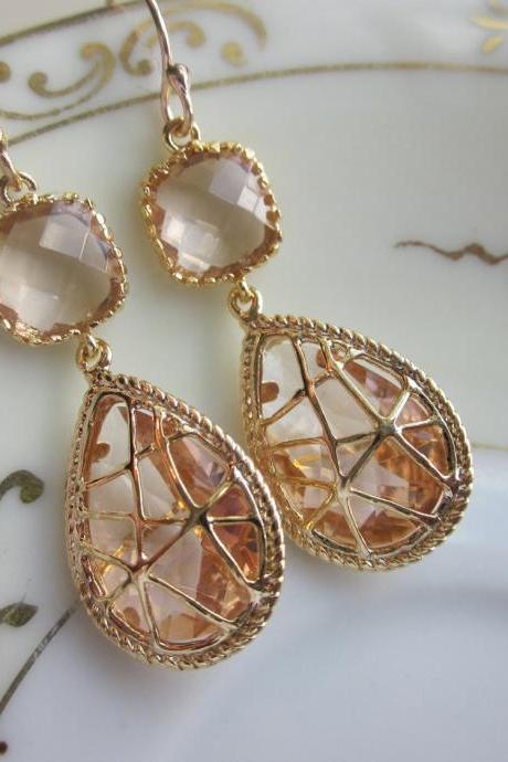 Champagne Peach Earrings Pink Gold Twisted Design - Bridesmaid Earrings Wedding Earrings Bridal Earrings
