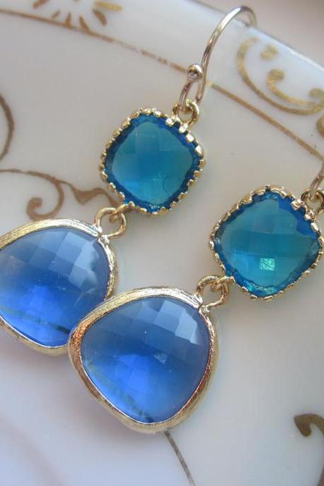 Cobalt Blue Earrings Sea Blue Gold Two Tier Earrings - Gold Plated - Bridesmaid Earrings Wedding Earrings Bridal Earrings