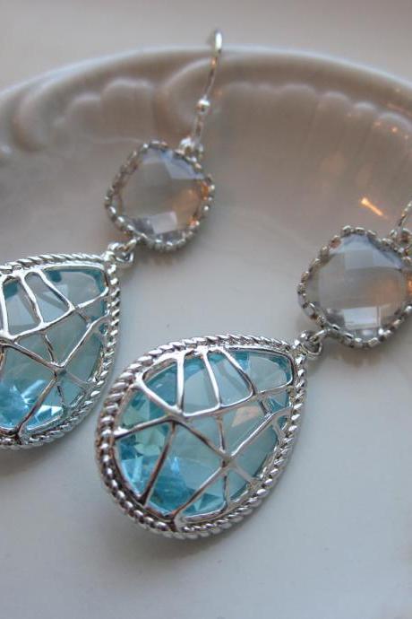 Crystal Aquamarine Earrings Blue Sterling Silver Earwires - Bridesmaid Earrings Wedding Earrings