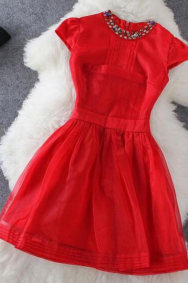 Red Stitching Short-sleeved Dress Ax093007ax