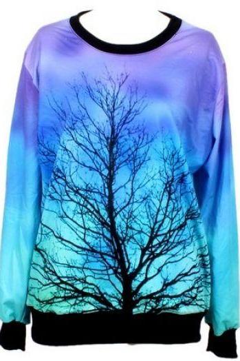 Blue Long Sleeve Moonlight Tree Print Sweatshirt