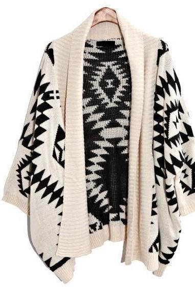 Oversized Aztec Geometry Print Knitted Cardigan - White