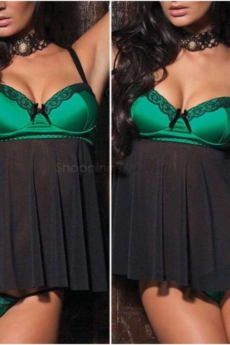 Sexy Green Black Babydoll Lace Chemise Lingerie - available in sizes S, L, XXL