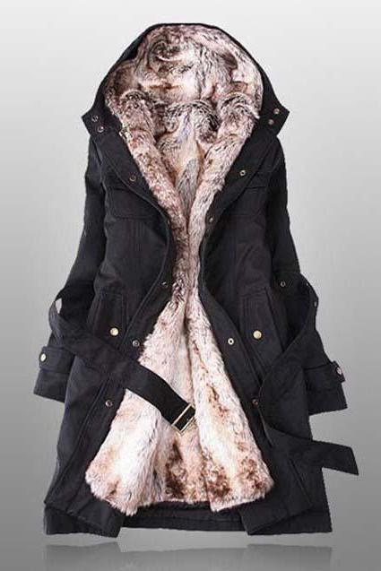 Thicken Fleece Faux Fur Warm Winter Coat Hood Parka Overcoat (2 colors) - size S thru 3XL