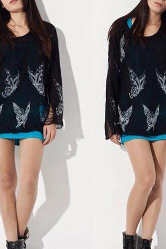 Punk Style Loose Fitting Frayed Butterfly Print Shirt - Black
