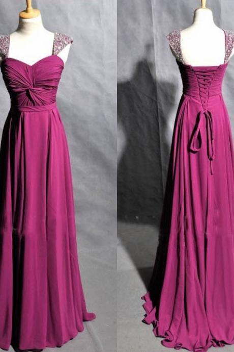 Elegant Purple Sweetheart Floor Length Chiffon Prom Dress with Beadings, Purple Bridesmaid Dresses, Prom Dress 2015, Evening Dress