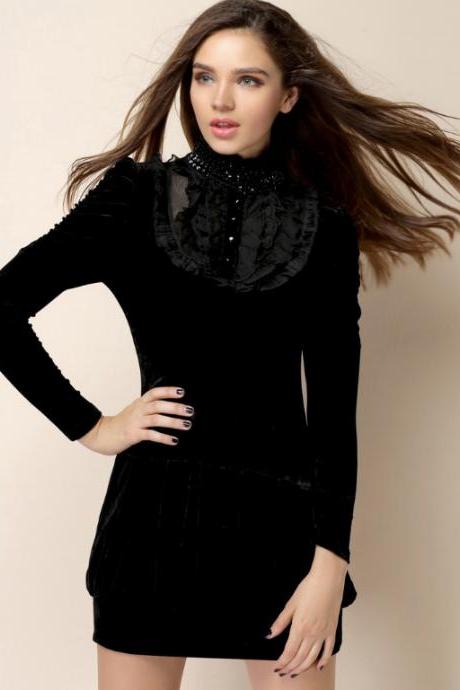 *Free Shipping* Lotus Sleeve Slim early autumn new European and American big temperament sleeve dress bottoming