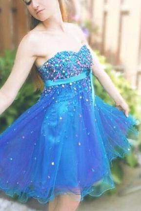 Cute Shiny Sequins Knee Length Organza Homecoming Dress, Lovely Blue Knee Length Prom Dress, Short Party Dress, Short Occasion Dresses